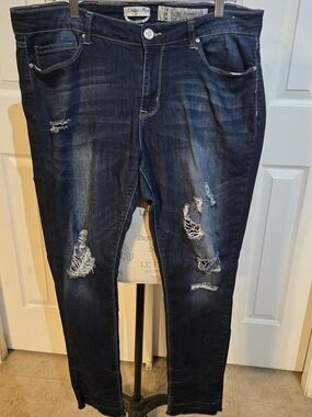 Indigo Rein Slim Straight Ripped Dark Blue Jeans